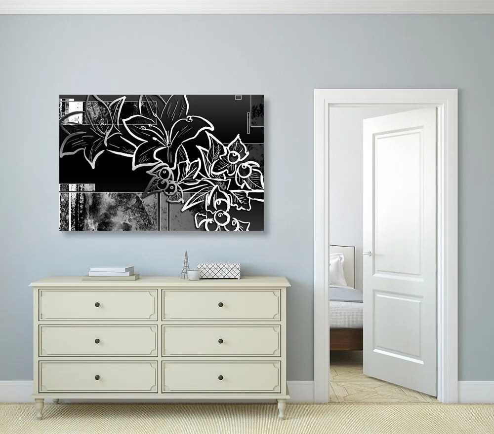 Quadro su tela – Illustrazione floreale in bianco e nero