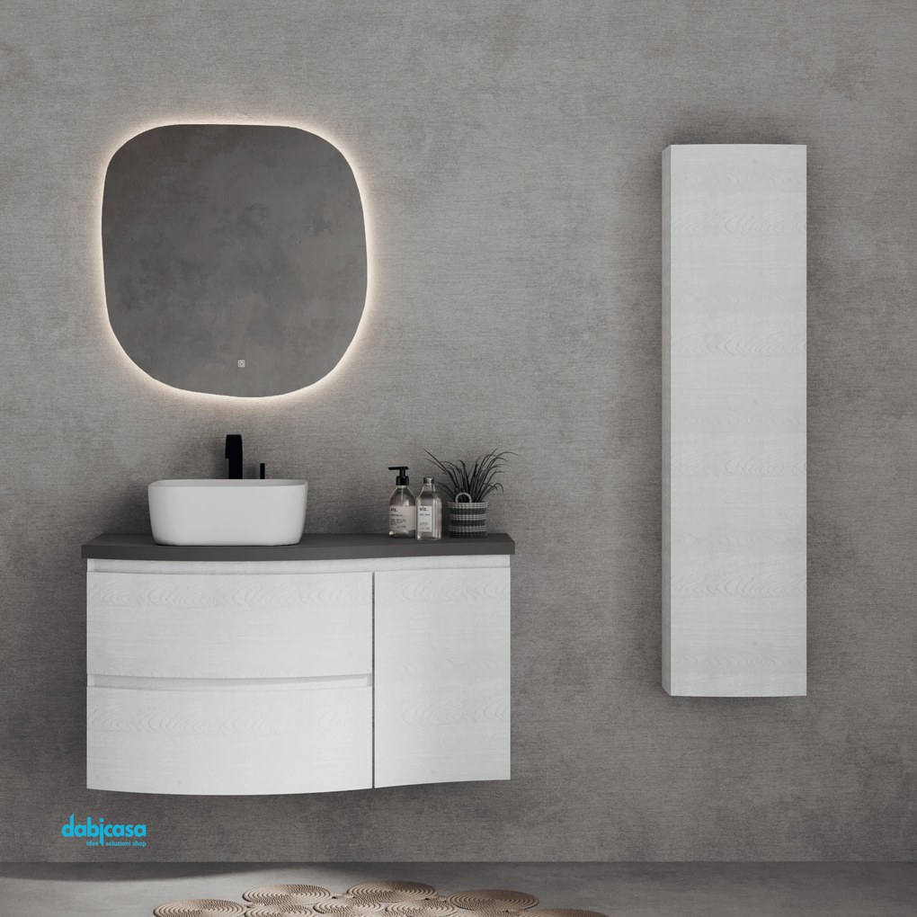 Mobile Bagno Sospeso "Dolce Vita" Da 105 Cm Composto Da Due Cassetti Un'Anta Lavabo E Specchio Finitura Alaska/Grigio Scuro