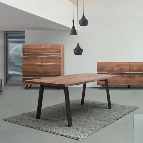 Tavolo In Legno Massello Grezzo Stile Industrial Moderno Gambe in Acciaio Bizzotto 200x95 Cm Aron