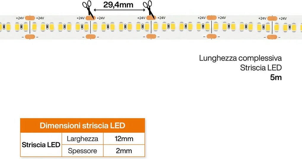 Striscia LED 24V 25W/m Altissima Luminosità Professionale - IP20 - 5 metri