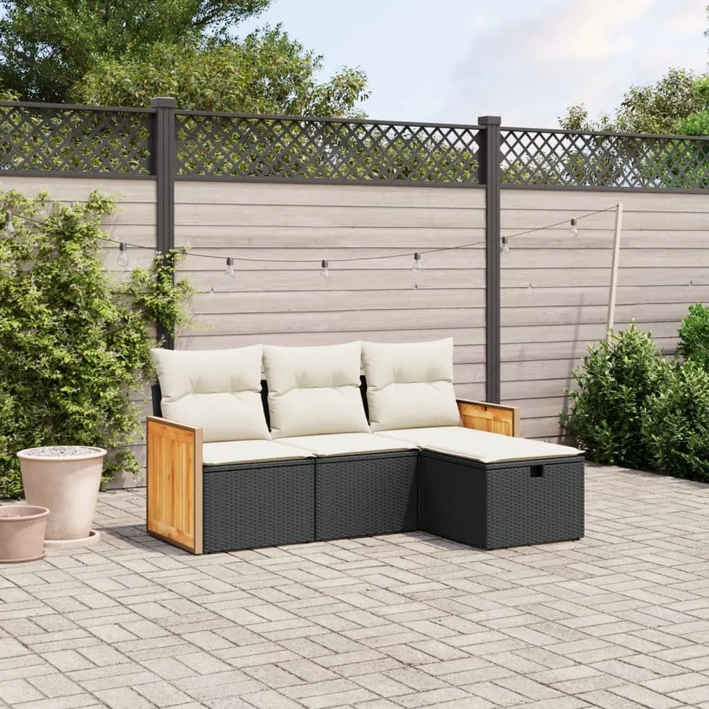 Set divani da giardino 4 pz con cuscini nero in polyrattan