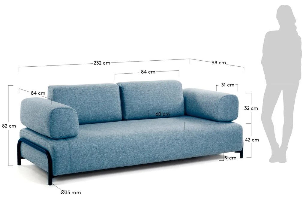 Kave Home - Divano Compo 3 posti blu 232 cm