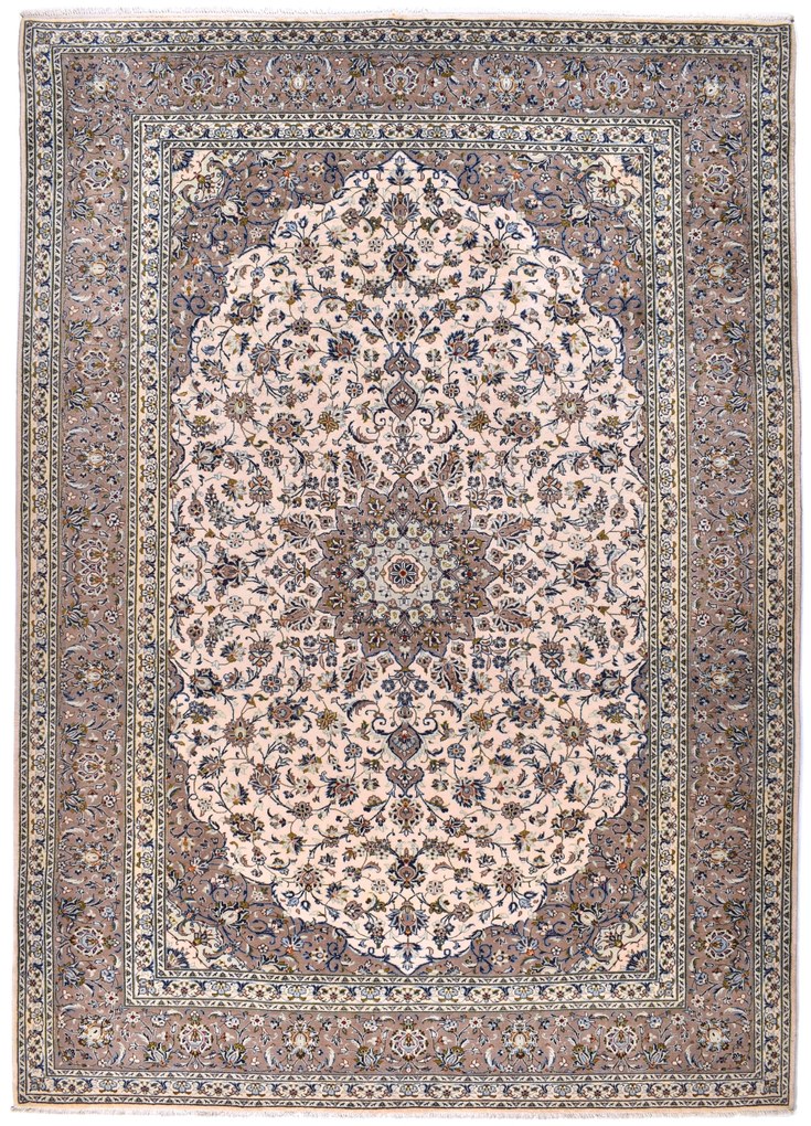 Kashan Tappeto 370x270 Beige (Iran) Annodato A Mano