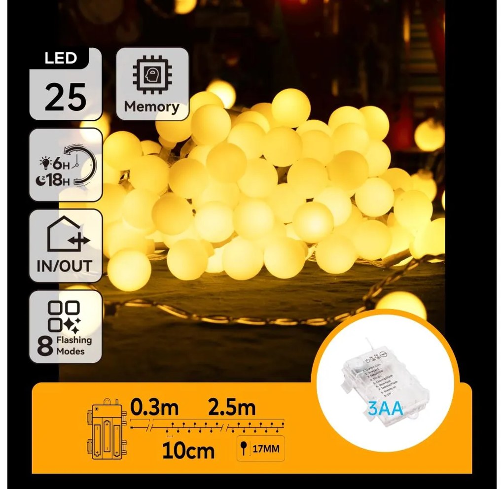 Aigostar-Catena LED natalizia da esterno 25xLED/3xAA/8 funzioni 2,8 m IP44 bianco caldo