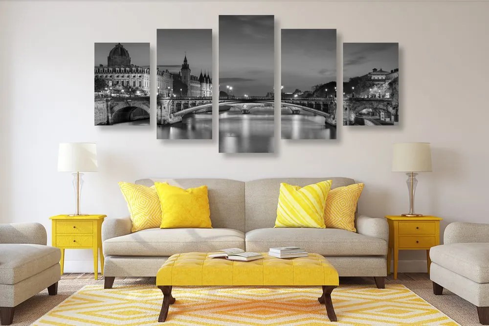 Quadri 5 pezzi – Panorama di Parigi abbagliante in bianco e nero