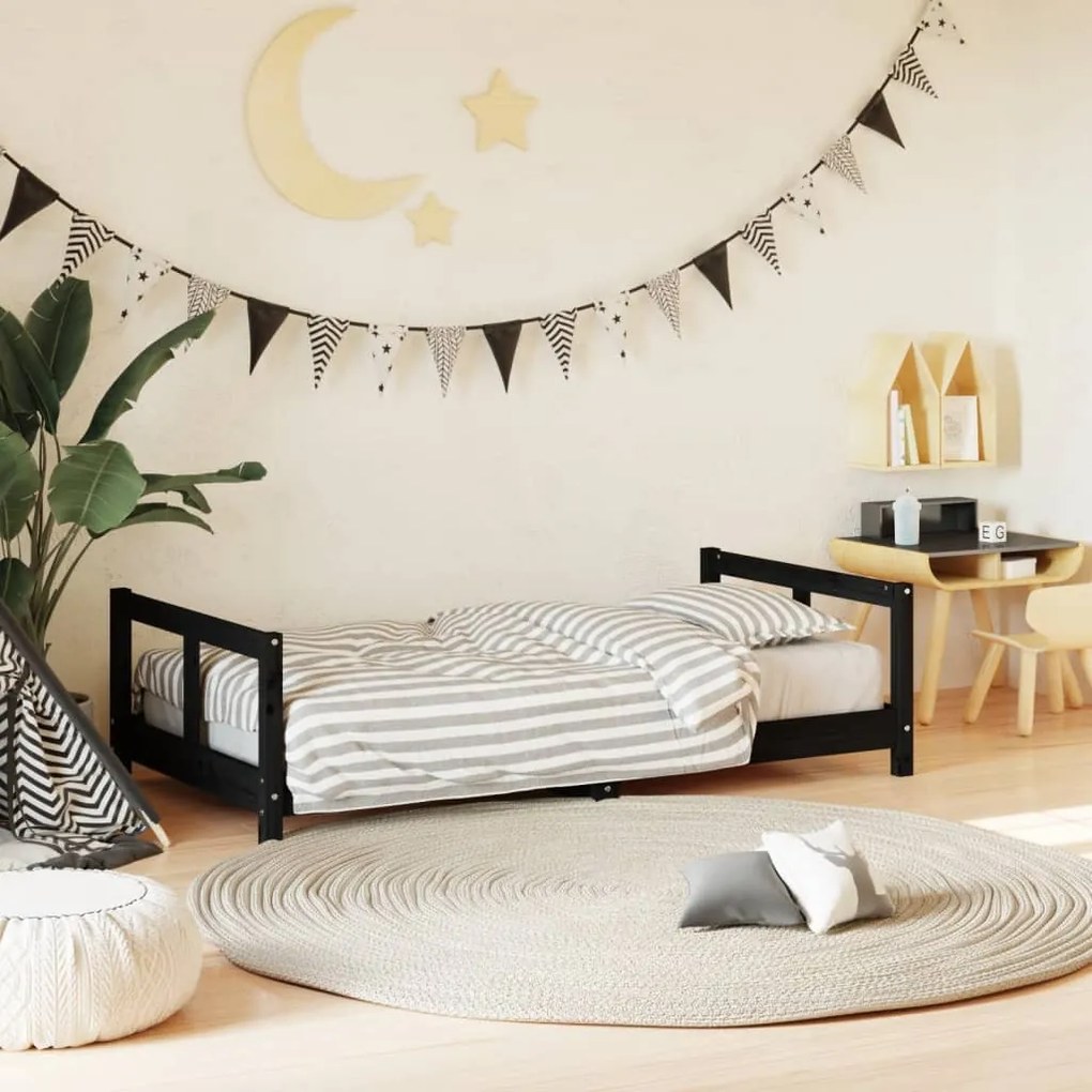 Giroletto Per Bambini Nero 80x160 Cm İn Legno Massello Di Pino /