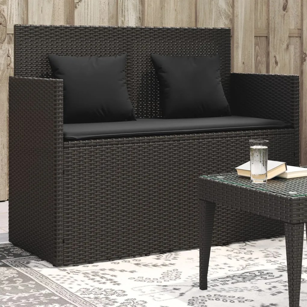 Panca da giardino con cuscini nera in polyrattan