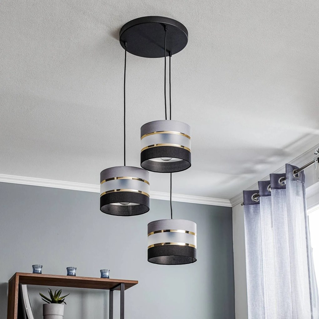 HELAM Lampada a sospensione Helen rotonda grigio-nero-oro a 3 luci.
