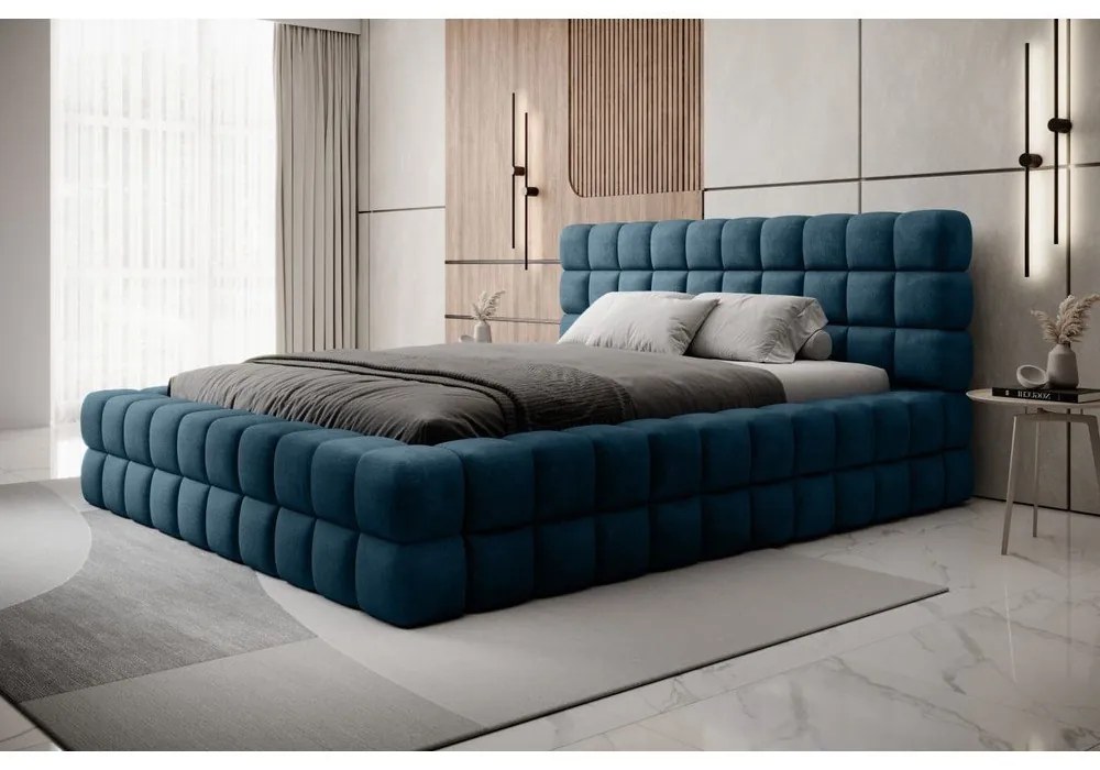 Letto matrimoniale imbottito blu con contenitore e rete inclusi 180x200 cm Dizzle – ELTAP
