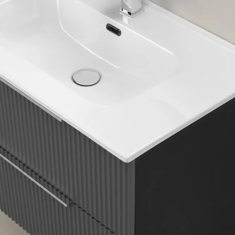 Mobile bagno sospeso 80 cm grigio cannettato e profili neri con lavabo e specchio tondo Zena