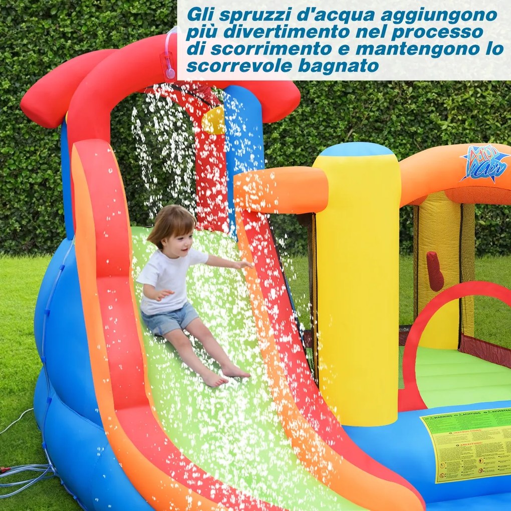 Costway Parco acquatico gonfiabile con scivolo e compressore, Piscina gonfiabile con scivolo e muro per arrampicarsi