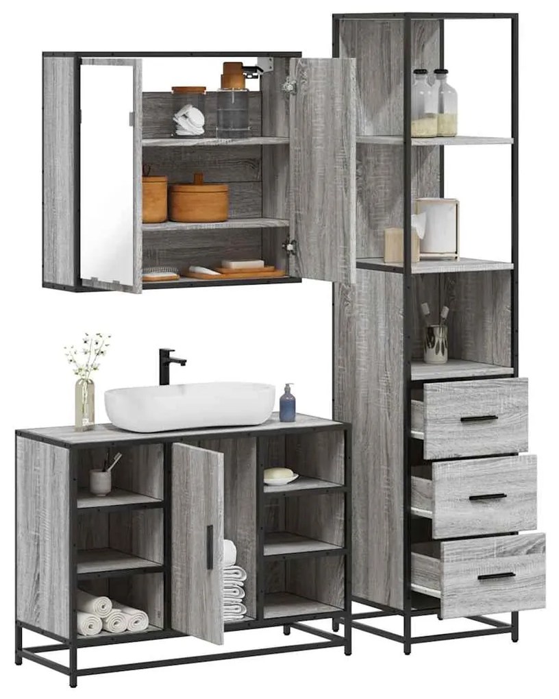 Set Mobili Da Bagno 3 Pz Grigio Sonoma İn Legno Multistrato /