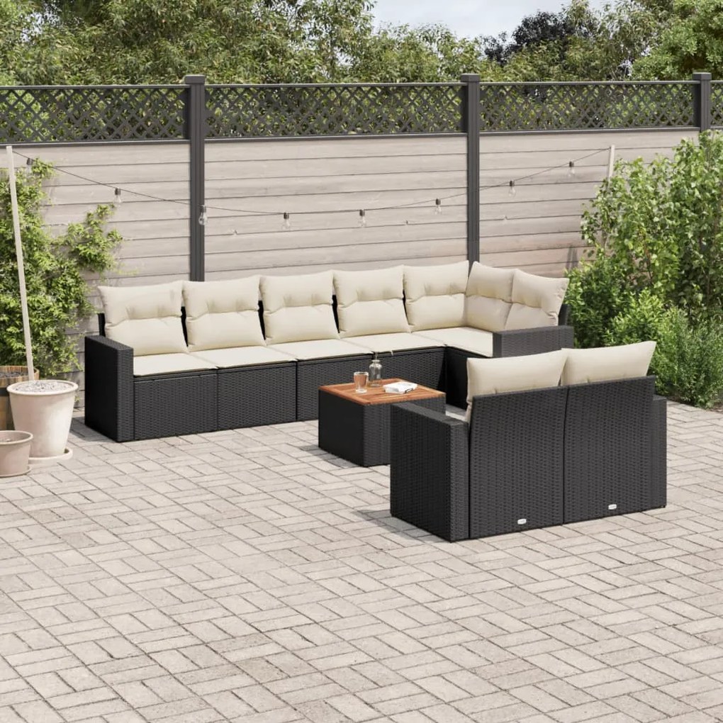 Set divani da giardino 9 pz con cuscini nero in polyrattan