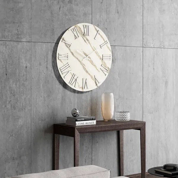 Orologio rotondo D40 cm RYAN in legno rivestito con parato e dettagli Argento