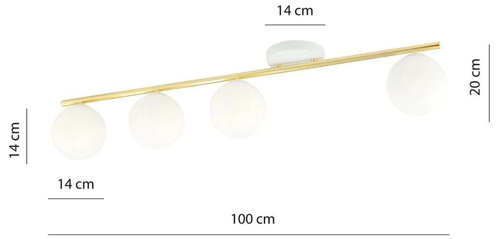 Plafoniera Contemporanea 4 Luci Achille In Acciaio Oro E Sfere Vetro Bianco