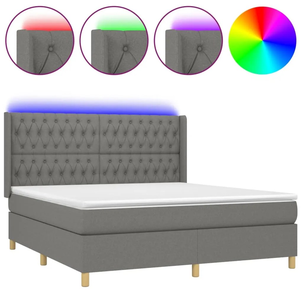 Letto a Molle Materasso e LED Grigio Scuro 160x200cm in Tessuto