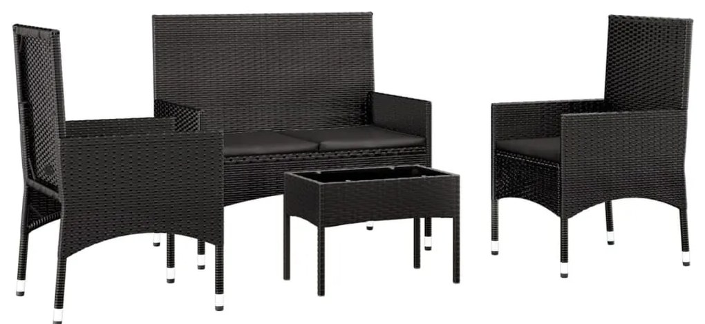 Set divani da giardino 4 pz con cuscini nero in polyrattan