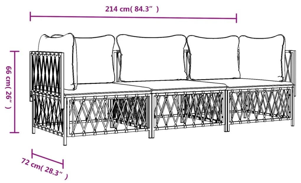 Set Salotto da Giardino 3 pz con Cuscini in Acciaio Bianco