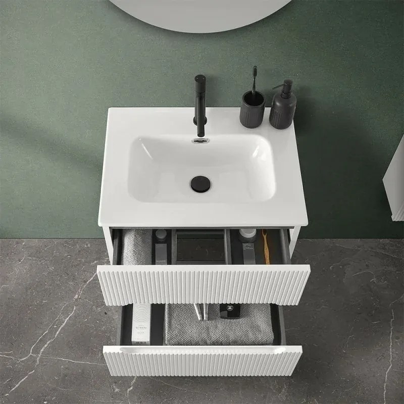 Mobile bagno sospeso cannettato 60 cm bianco opaco con lavabo Bali
