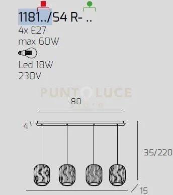 Sospensione ottone sat. 4 luci rettangolare vetri 2x tr + 2x fu 118...