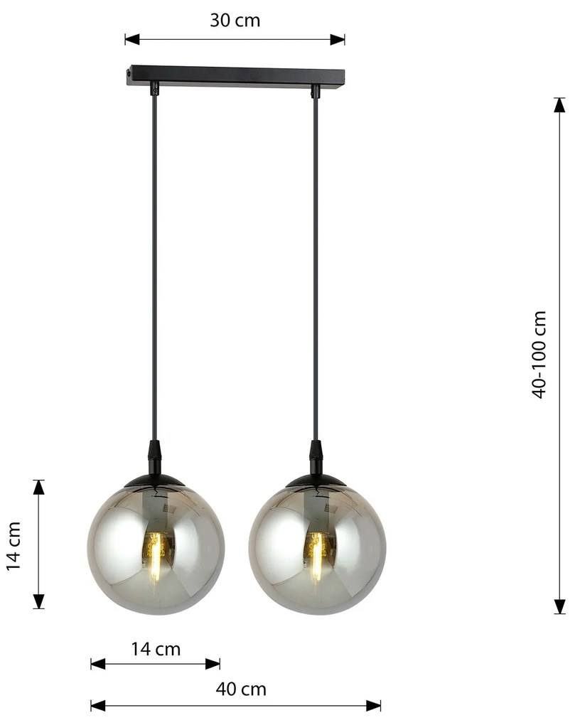 Sospensione Moderna 2 Luci Kali In Acciaio Nero E Sfere In Vetro Fumè