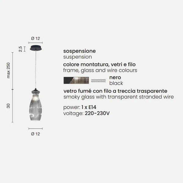 Lampada sospensione D12 cm in vetro soffiato Fumč - MADAGASCAR Mod3