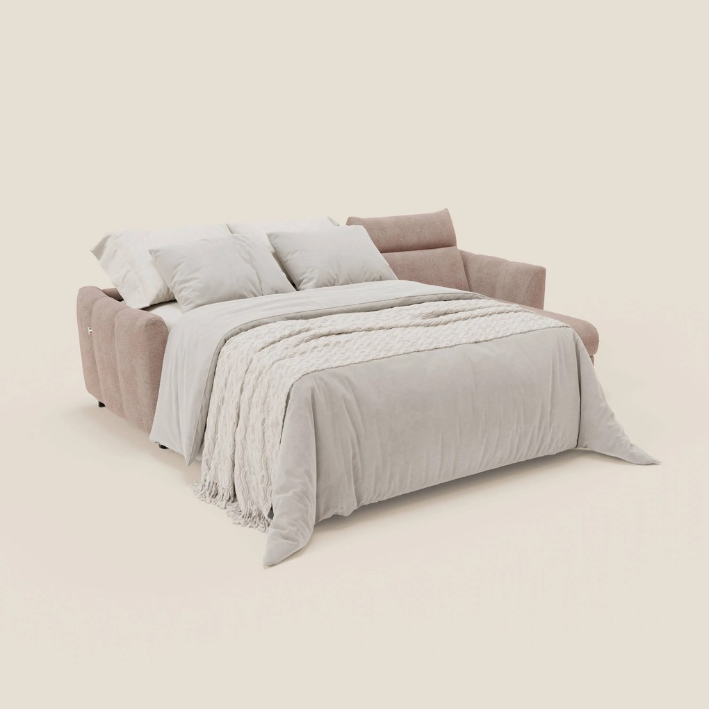 Peonia divano letto angolare con Penisola Contenitore - Materasso H18 cm in Bouclé Impermeabile T07 rosa