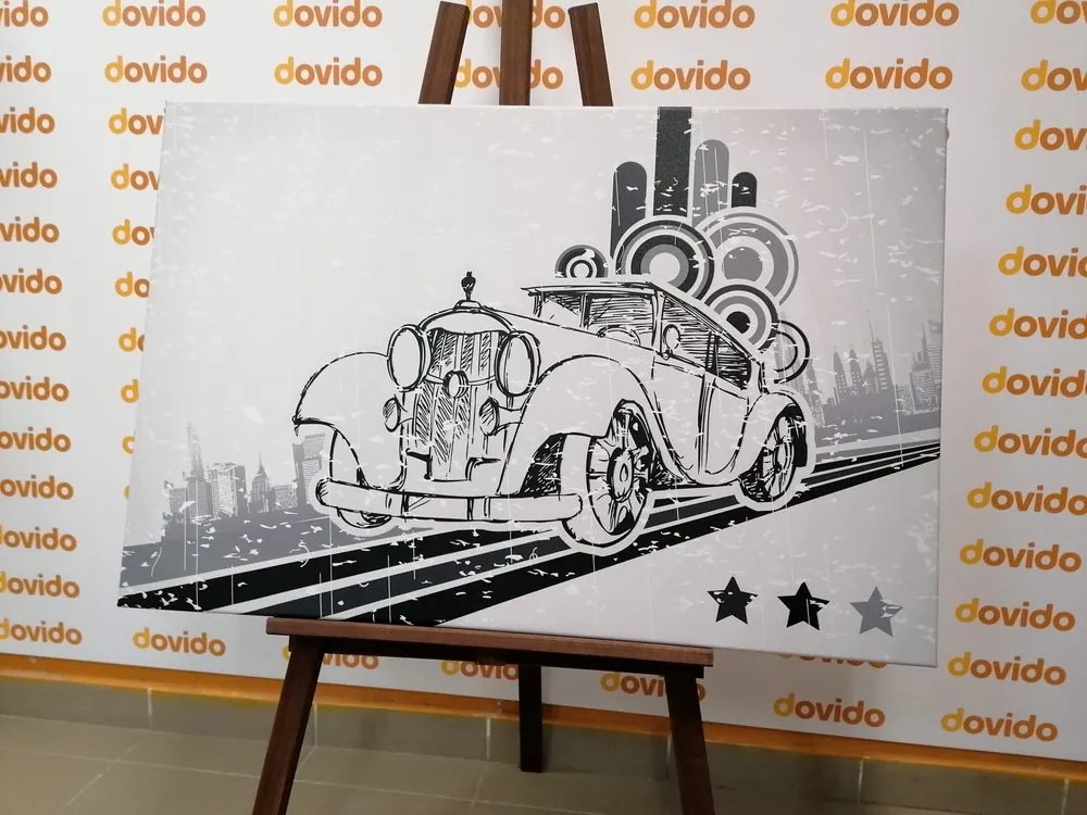 Quadro su tela – Auto in bianco e nero con sfondo vintage