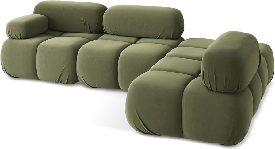 Divano angolare componibile verde chiaro (con penisola a destra) con rivestimento in velluto Lokua – Makamii