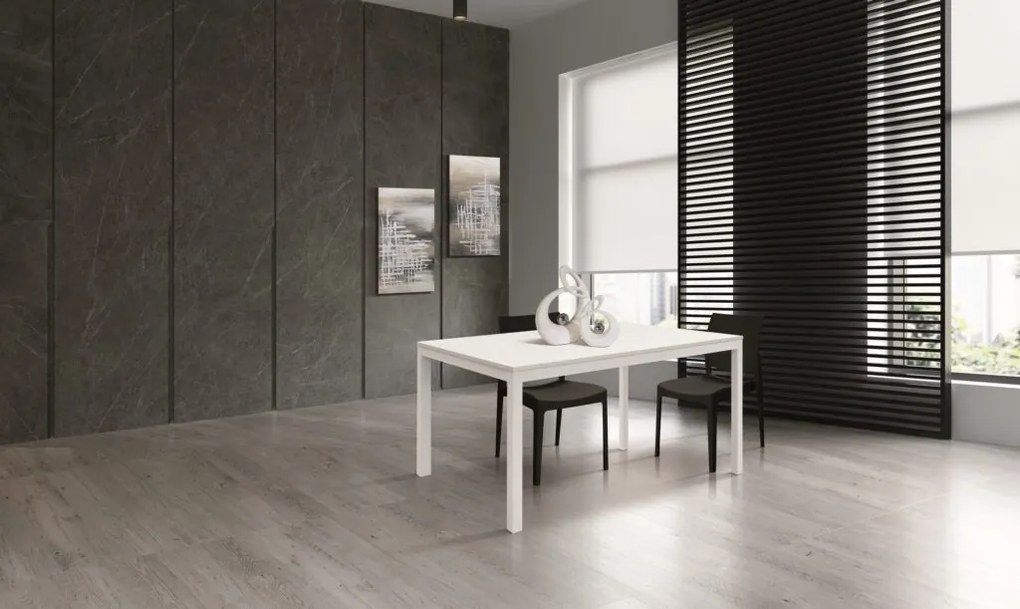 Tavolo TROPEA in legno, finitura bianco frassinato e metallo verniciato bianco, allungabile 140×80 cm – 190×80 cm