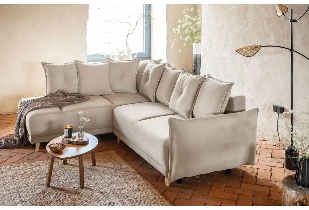 Divano letto in velluto a coste beige (angolo sinistro) Lazy Lukka - Miuform