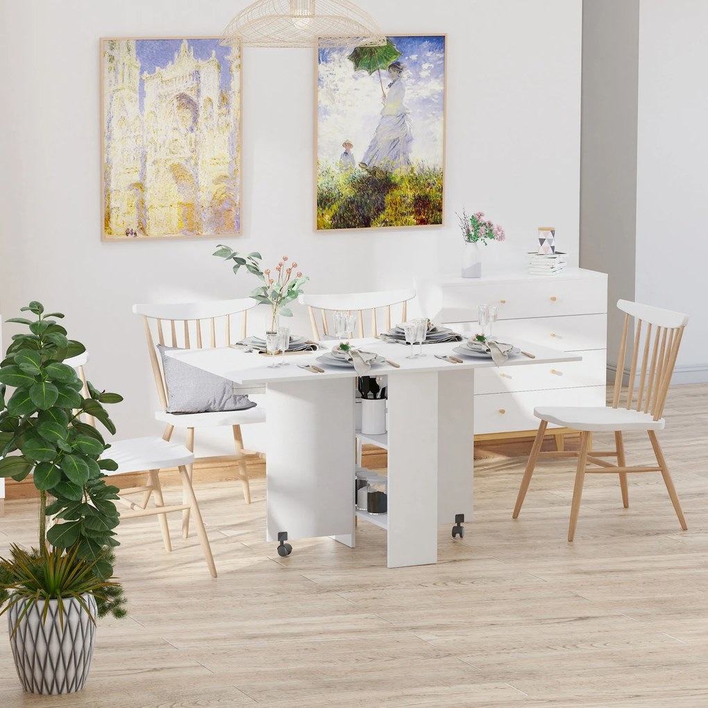 Tavolo Pieghevole Salvaspazio in Legno Bianco con Ruote...