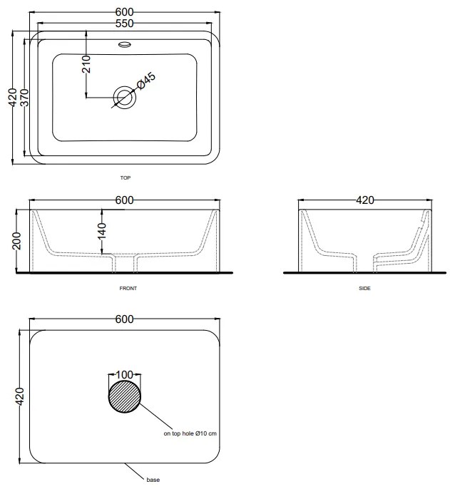 Cielo Shui Lavabo 60x42 da appoggio rettangolare con troppo pieno in ceramica lavagna