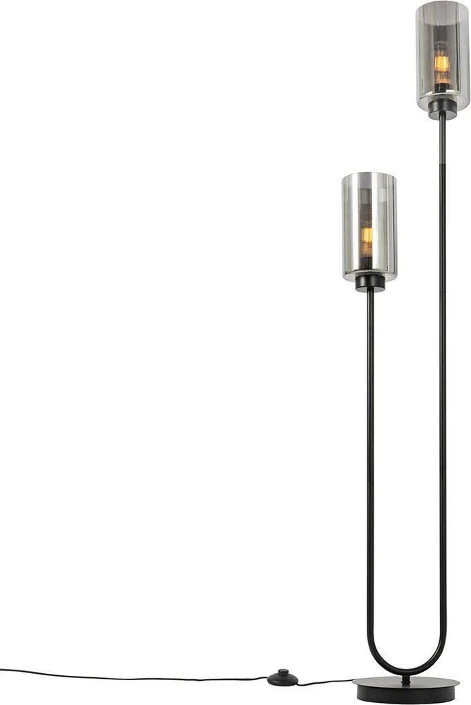 Lampada da terra Art Déco nera con vetro fumé 2 luci - Laura