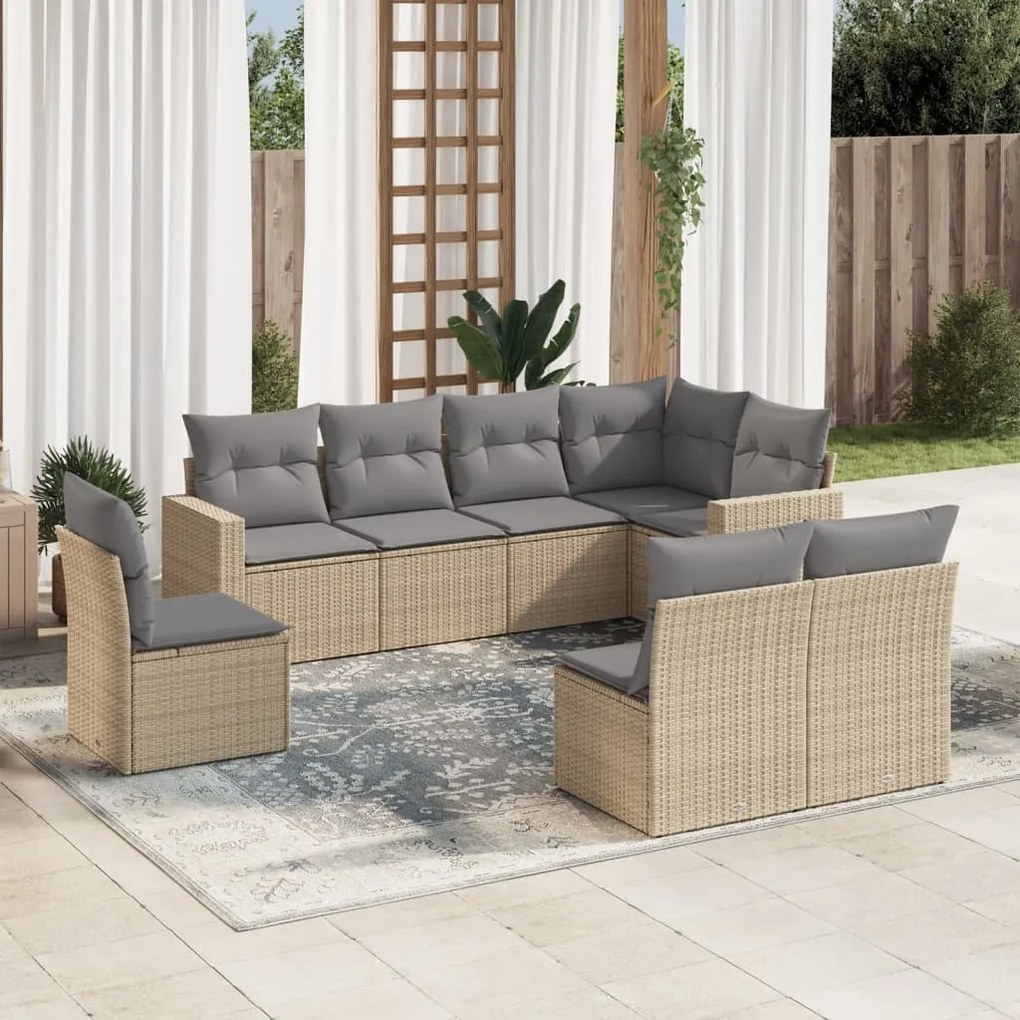 Set Divano da Giardino 8 pz con Cuscini Beige in Polyrattan