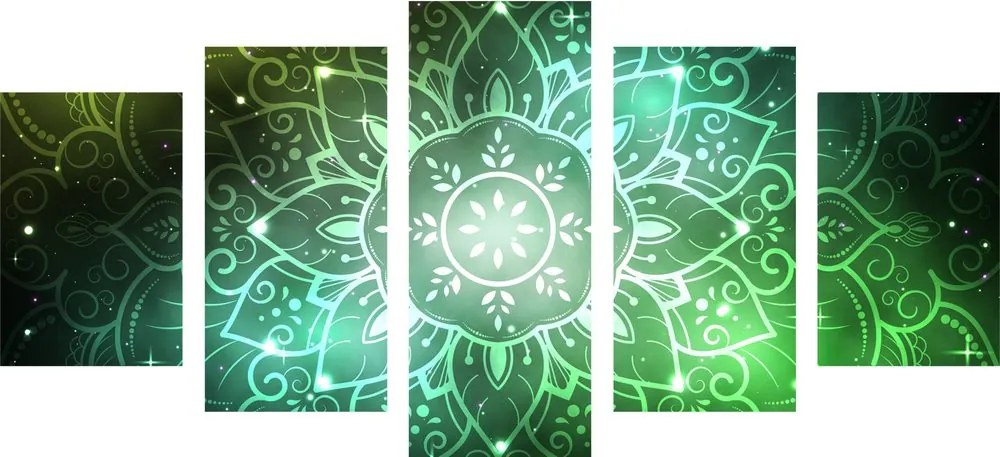 Quadri 5 pezzi – Mandala con sfondo galattico in tonalità di verde