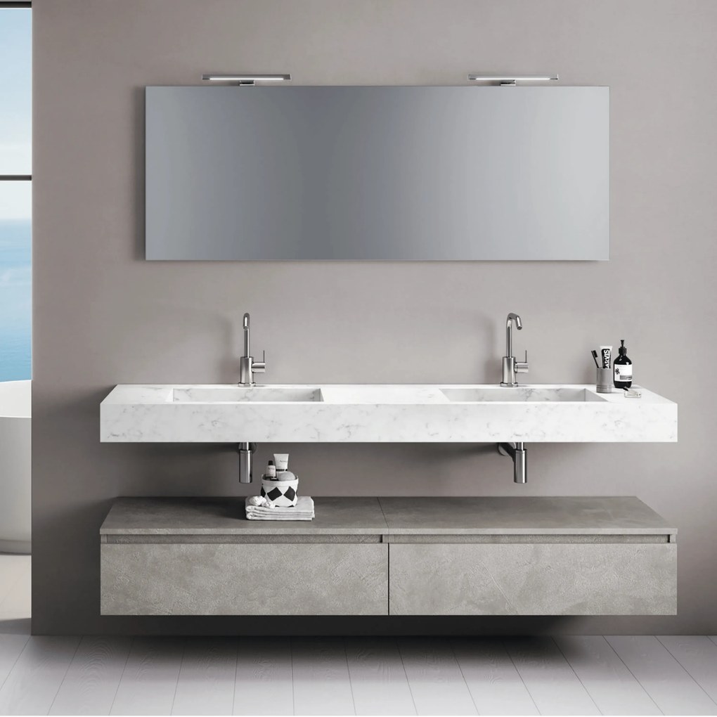 Mobile Bagno Sospeso 180 Cm Due Cassetti Specchio Con Doppia Lampada Led 160x60 Cm Italbagno "Surf"