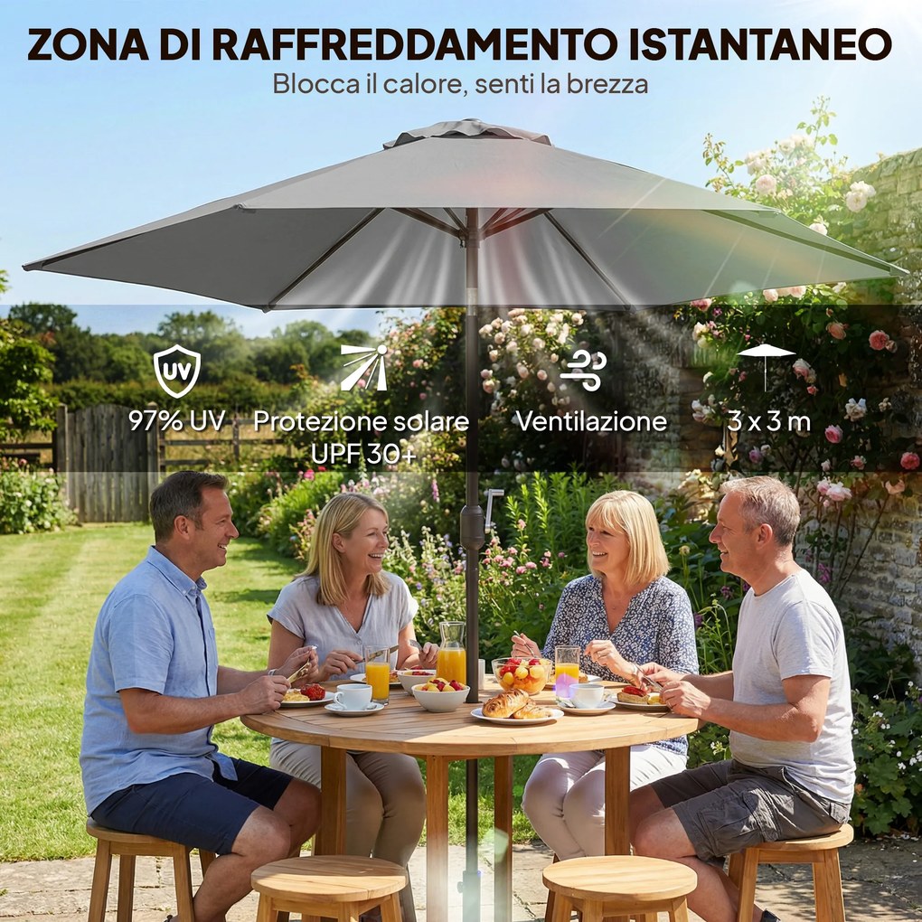 Ombrellone da Giardino 3x3 m Inclinabile con Apertura a Manovella in Metallo e Poliestere Grigio...