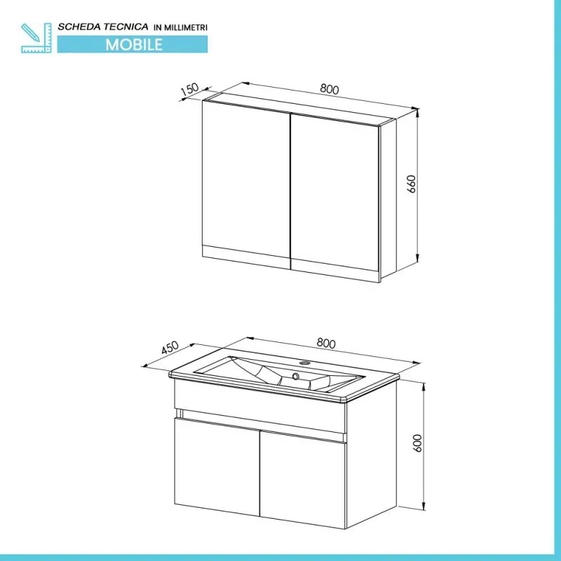 Mobile bagno sospeso 80 cm rovere scuro con specchio contenitore Mona