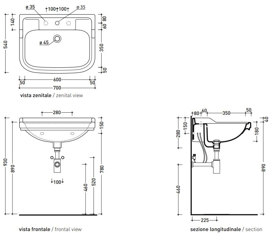 Ceramica Flaminia EFI 6006 Lavabo monoforo cm 70 sospeso in ceramica bianco