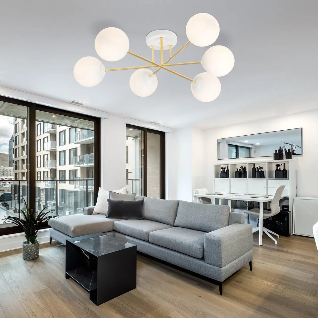 Lampadario da Soffitto in Acciaio e Vetro MAGNUM 6 Bianco Oro 6xE14