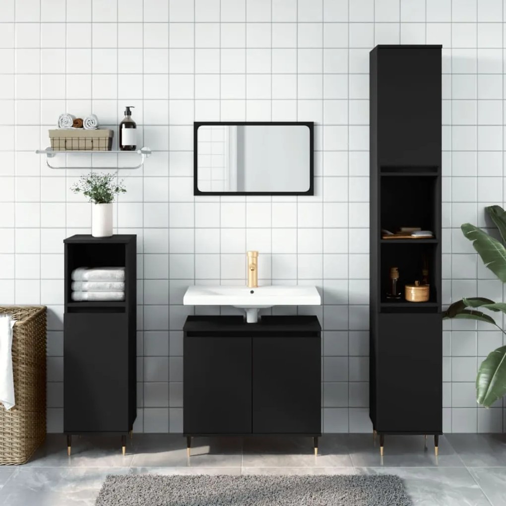 Set Di Mobili Da Bagno 3 Pz Nero İn Legno Multistrato /