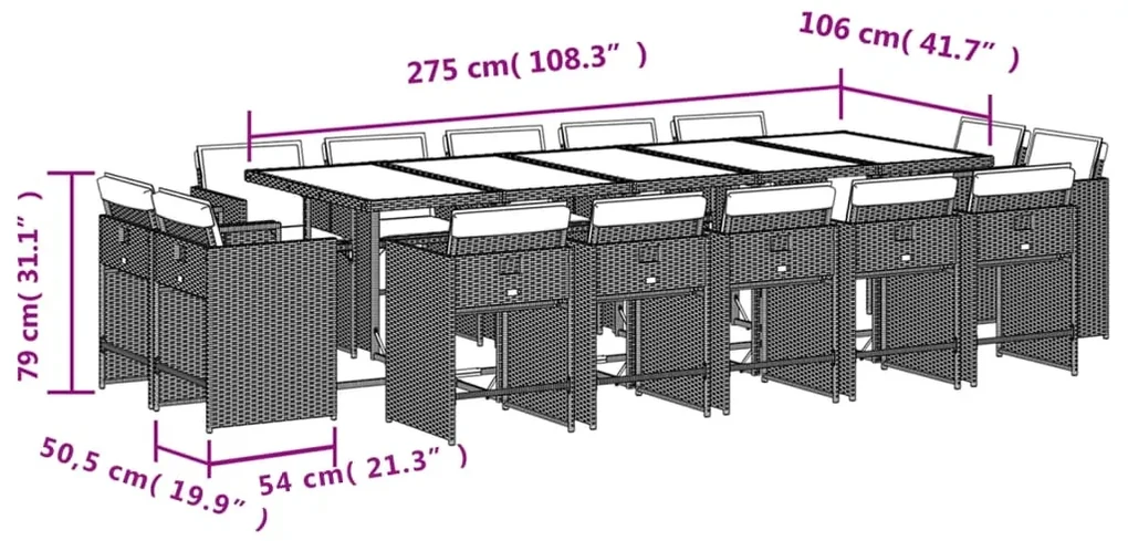 Set pranzo da giardino 15 pz con cuscini beige misto polyrattan