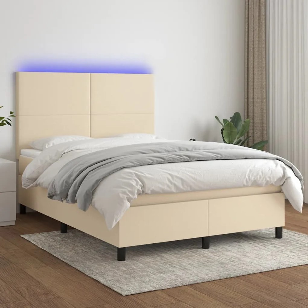 Letto a molle con materasso e led crema 140x200 cm in tessuto