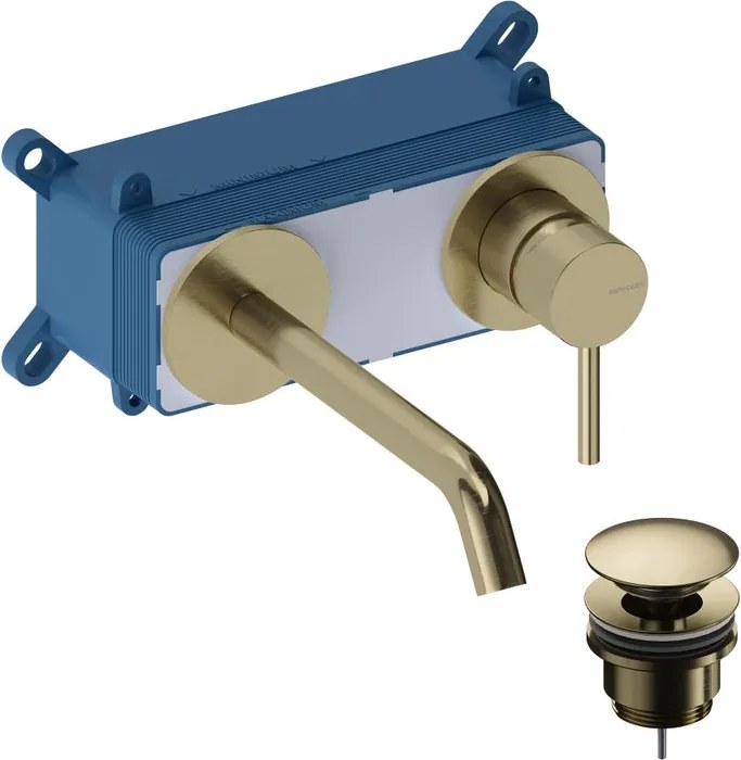 Rubinetto per lavabo Loop monocomando a parete per lavabo bocca 18cm + corpo incasso + piletta di scarico brushed gold