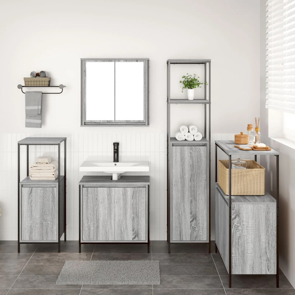 Set di mobili per bagno da 5 pezzi in legno ingegnerizzato grigio sonoma