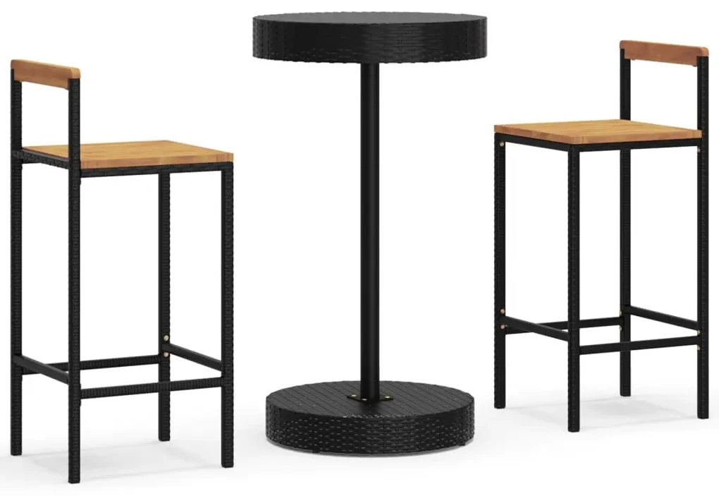 Set bar giardino 3 pz nero polyrattan e legno massello acacia