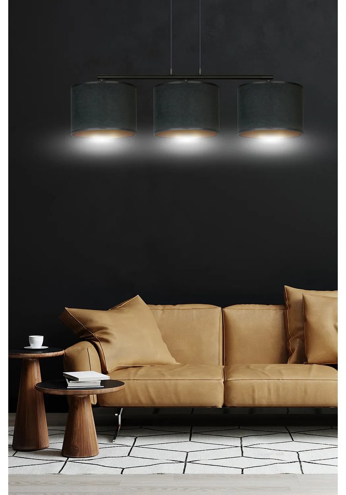 Lampadario 3 Luci Ganesha In Acciaio Nero E Paralumi In Tessuto Nero