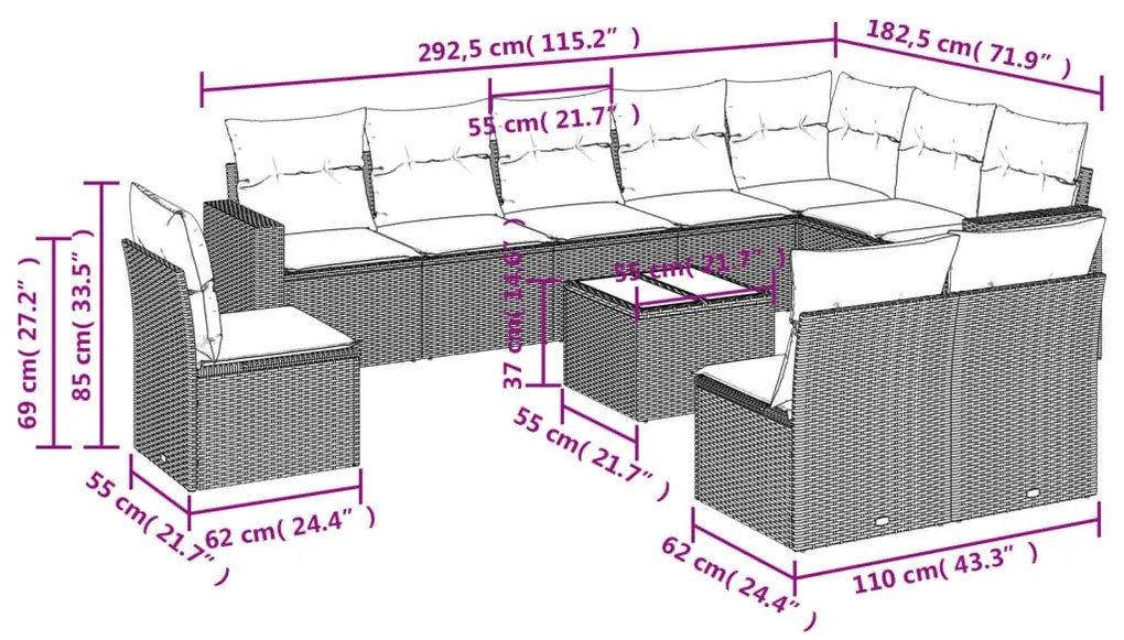 Set Divani da Giardino 11 pz con Cuscini in Polyrattan Nero