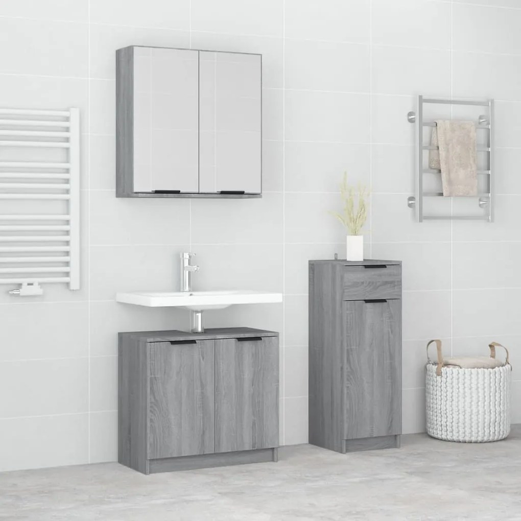 Set mobili da bagno 3 pz grigio sonoma in legno multistrato